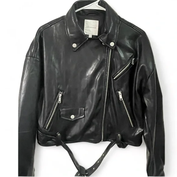 Avec Les Filles Oversized Faux Leather Cropped Biker Jacket - Black - M - Picture 2 of 11